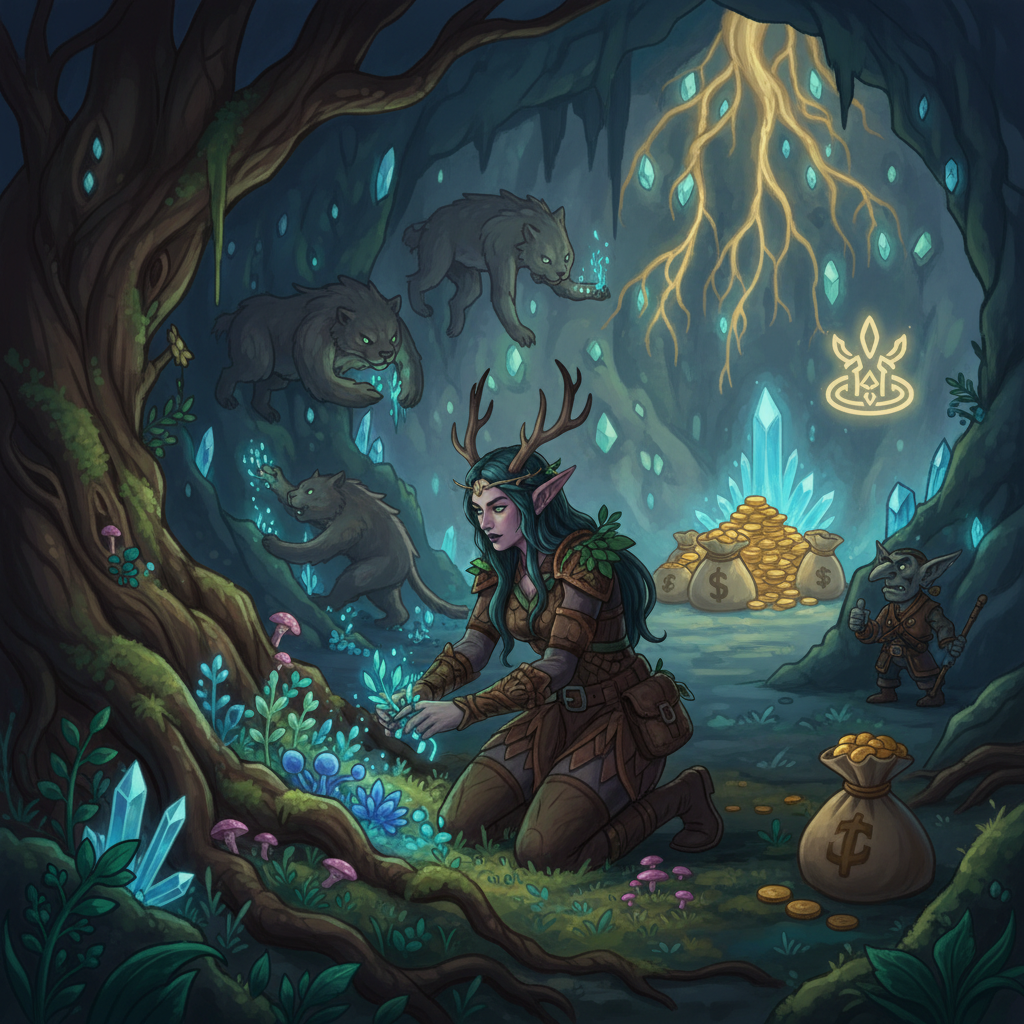 Druid gathering herbs in The Ringing Deeps