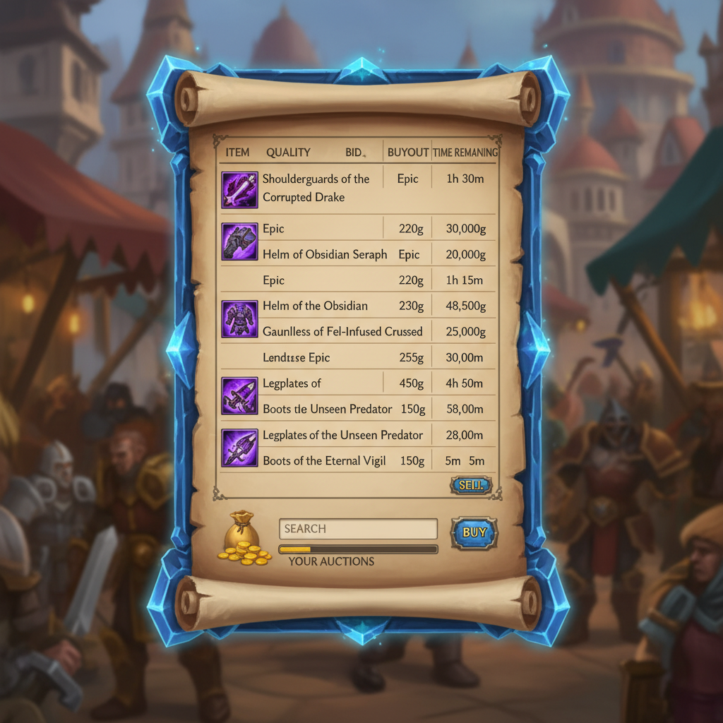 Auction House interface showing BoE epic listings