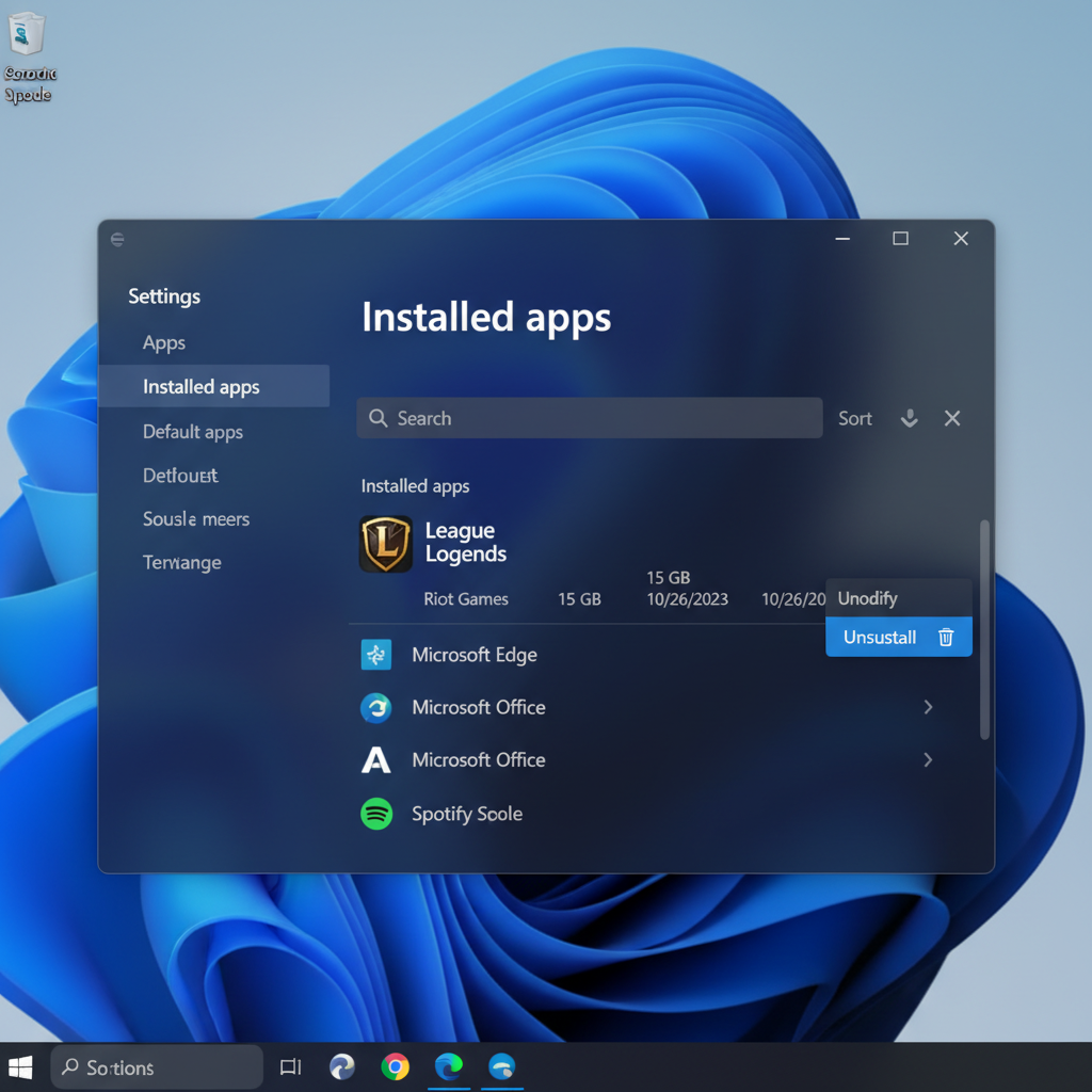 Paramètres de Windows 11 montrant l'option de désinstallation de League of Legends
