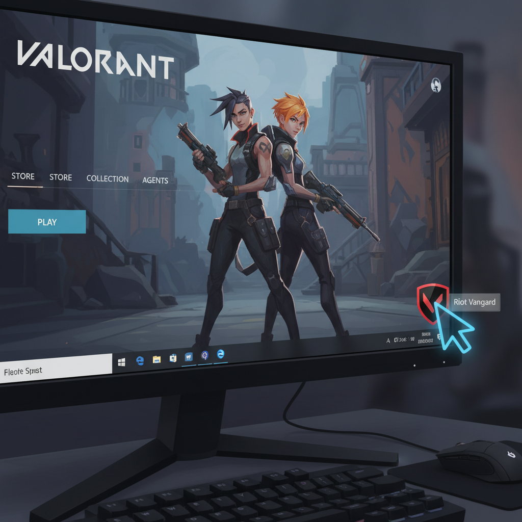 Menú principal de Valorant con el icono de la bandeja de Vanguard visible