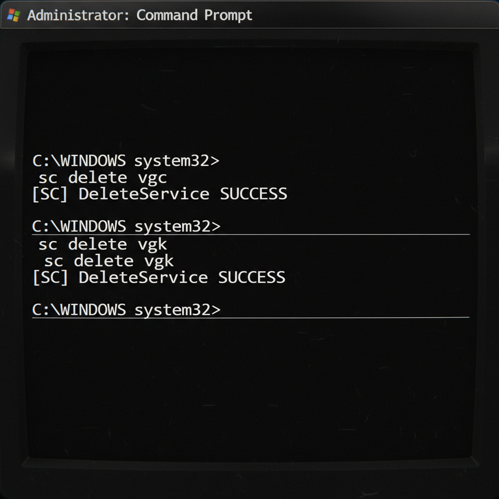 Símbolo del sistema ejecutando sc delete vgc y vgk