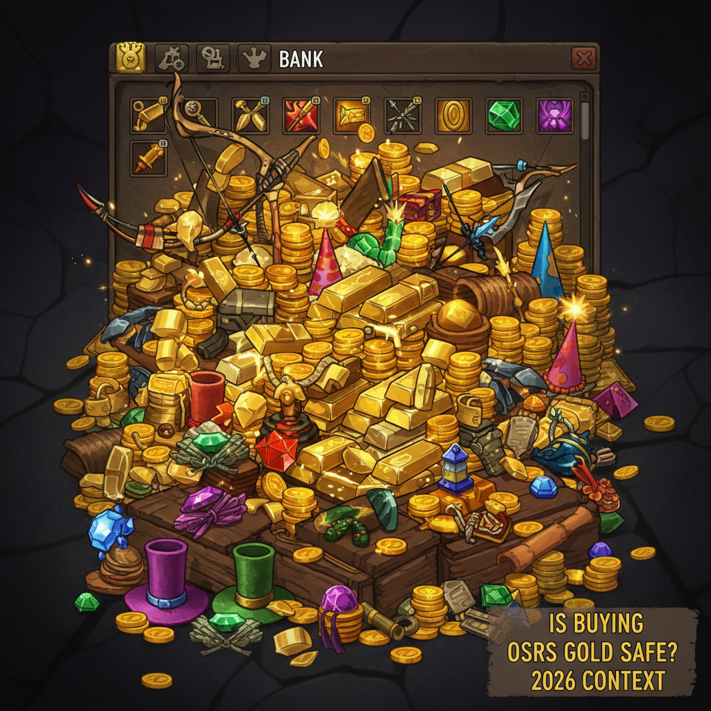 OSRS bank tab stacked with gold and high-value items