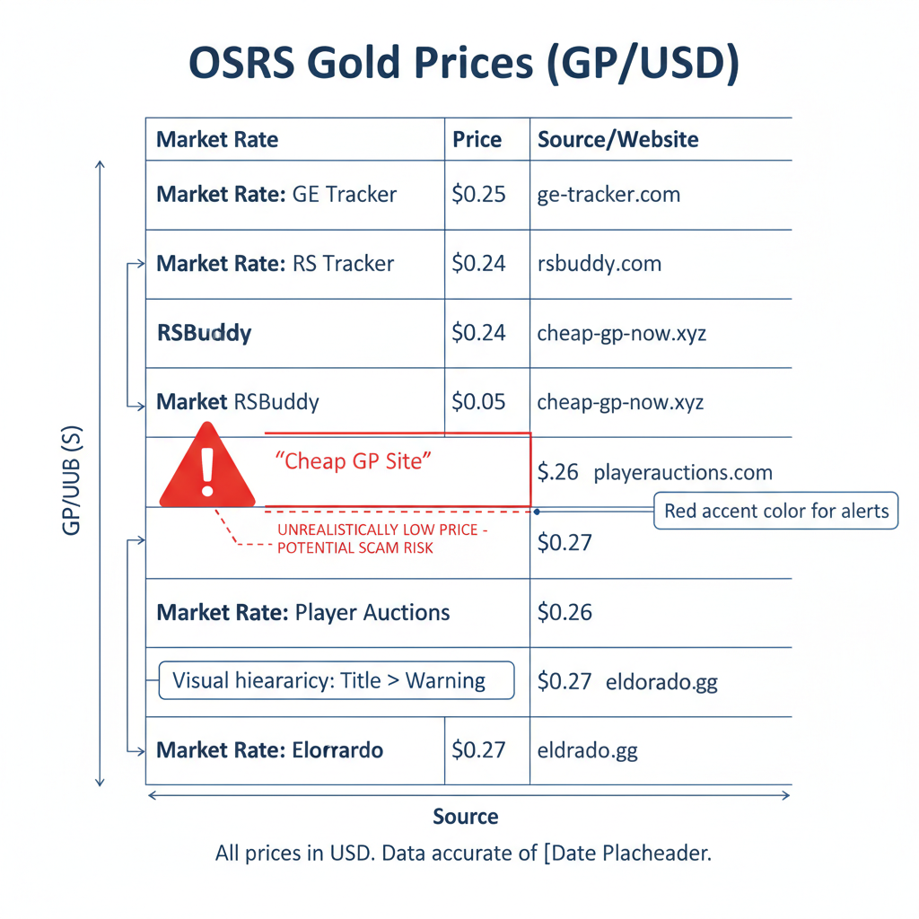 OSRS gold market price comparison chart with a red warning on an underpriced entry