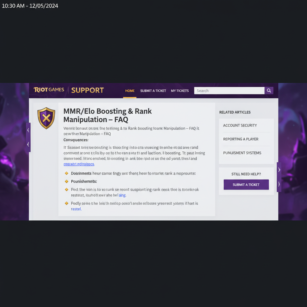 Riot Support-Portal mit dem Artikel zu MMR-Elo-Boosting-Ranglisten-Manipulation geöffnet