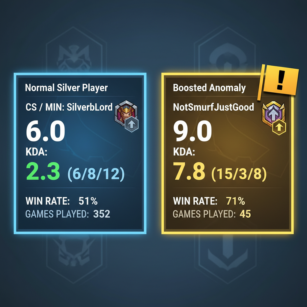 Vergleich der Spielstatistiken nach Spielende zwischen einem normalen Silber-Spieler und einer geboosteten Anomalie mit gelbem Warnsymbol