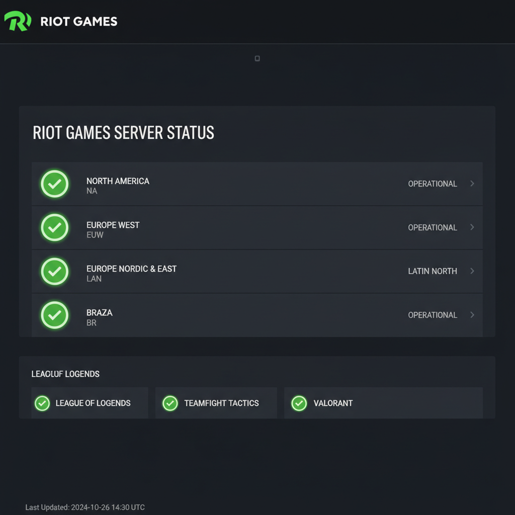 Page de statut officielle des serveurs de Riot Games montrant des icônes opérationnelles pour plusieurs régions