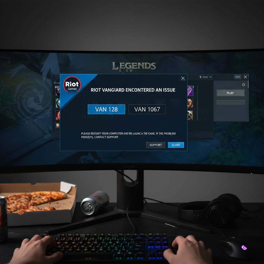 Riot Vanguard error codes displayed on a gaming monitor