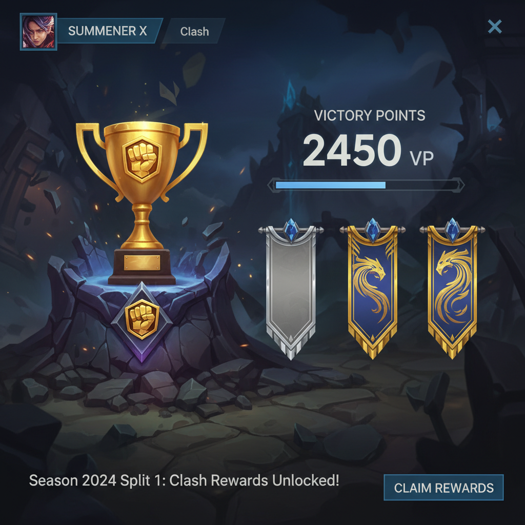 شاشة مكافآت Clash توضح الكأس في Nexus، ومتتبع نقاط الفوز، وترقيات اللافتات