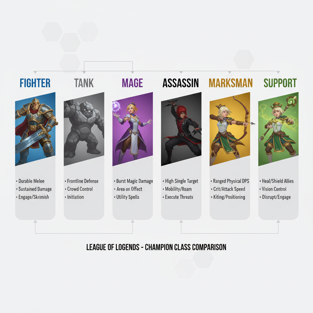 Champion classes comparison chart showing iconic champions for each of the six LoL character classes
