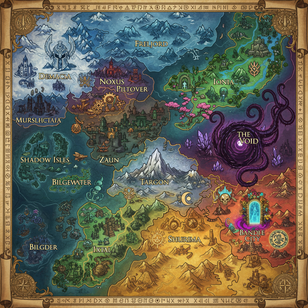 Stylized map of Runeterra showing all 13 regions with labeled locations