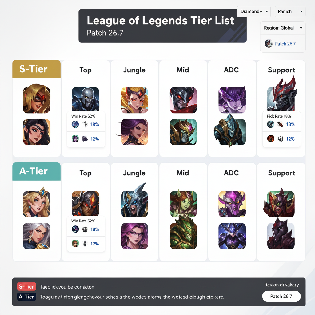 Tier list showing top-performing champions per role on the current patch