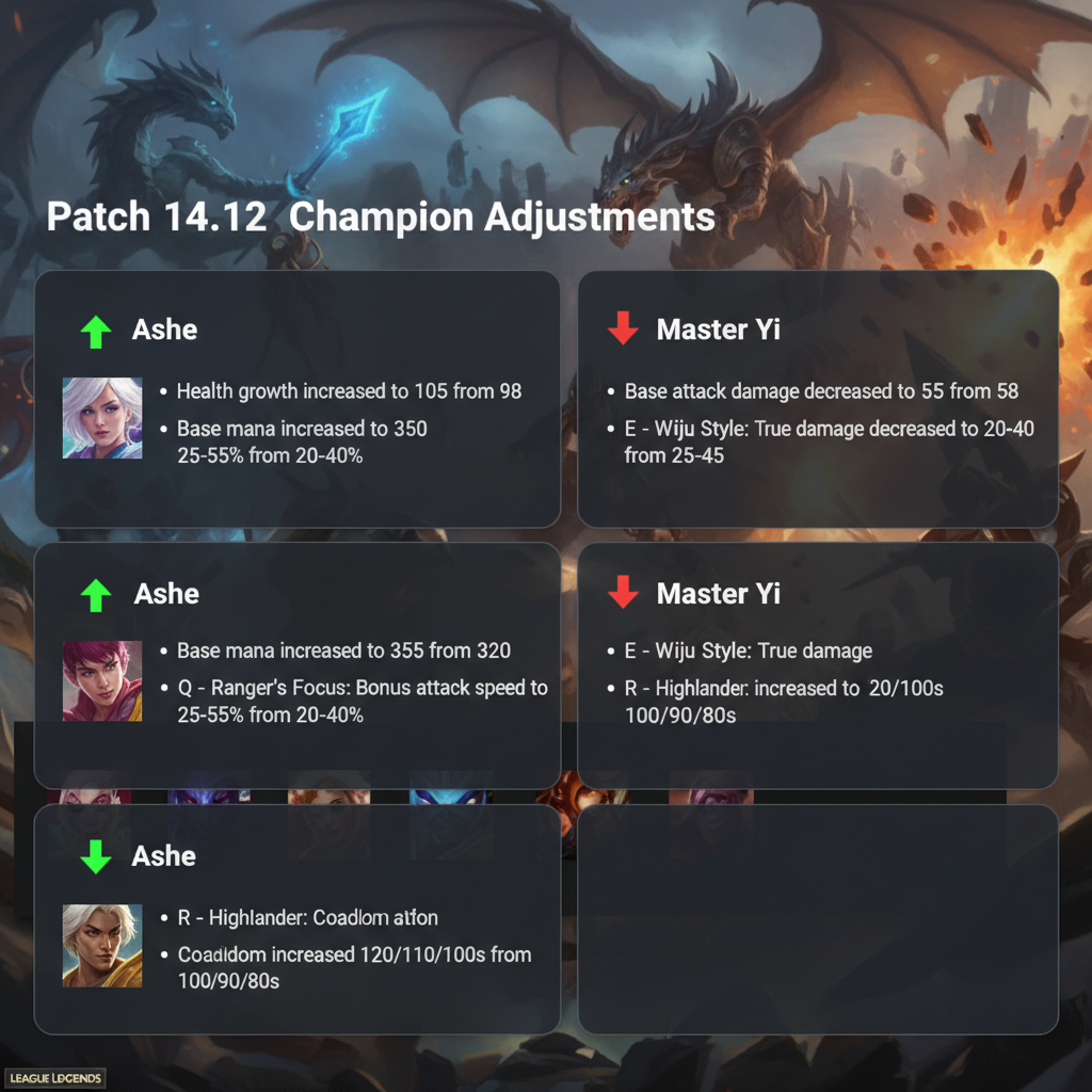Patch notes champion section showing buff and nerf indicators