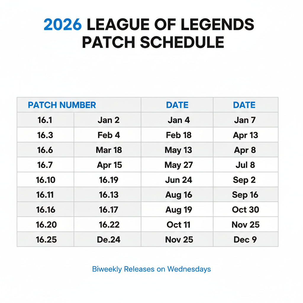 2026 LoL patch schedule with biweekly dates