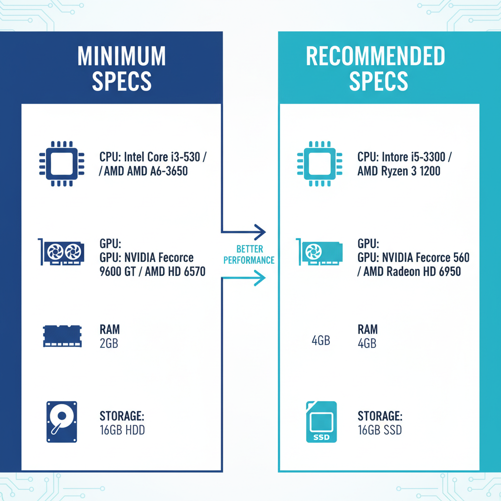 Comparación de especificaciones mínimas vs recomendadas de League of Legends