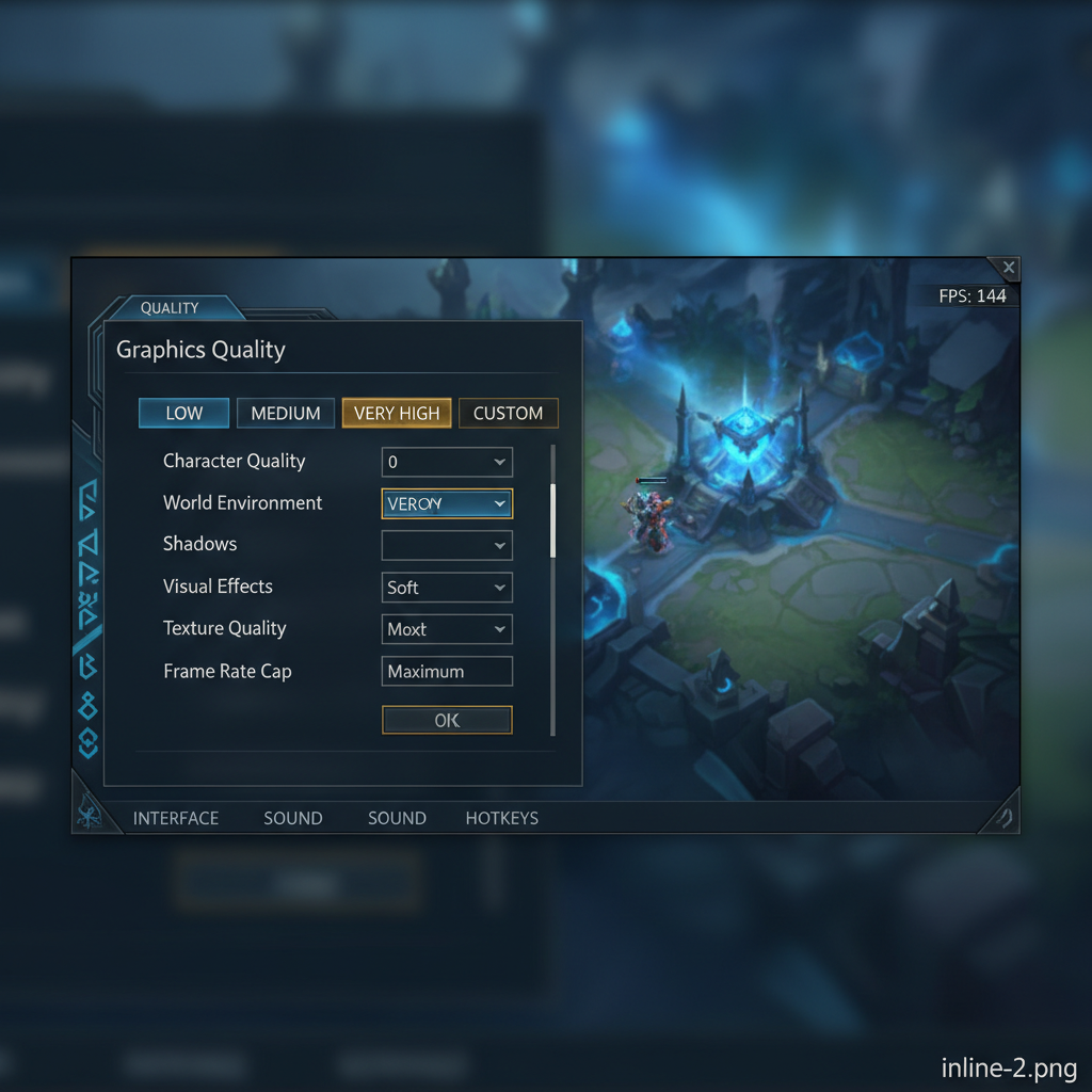 Configuración de gráficos en el juego de League of Legends mostrando ajustes preestablecidos de calidad