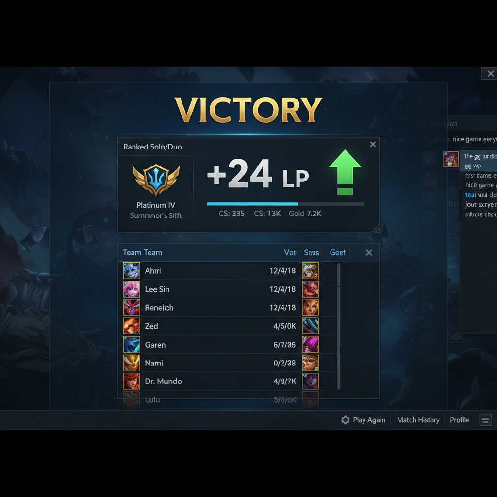 LP gains after a ranked win showing post-game stats