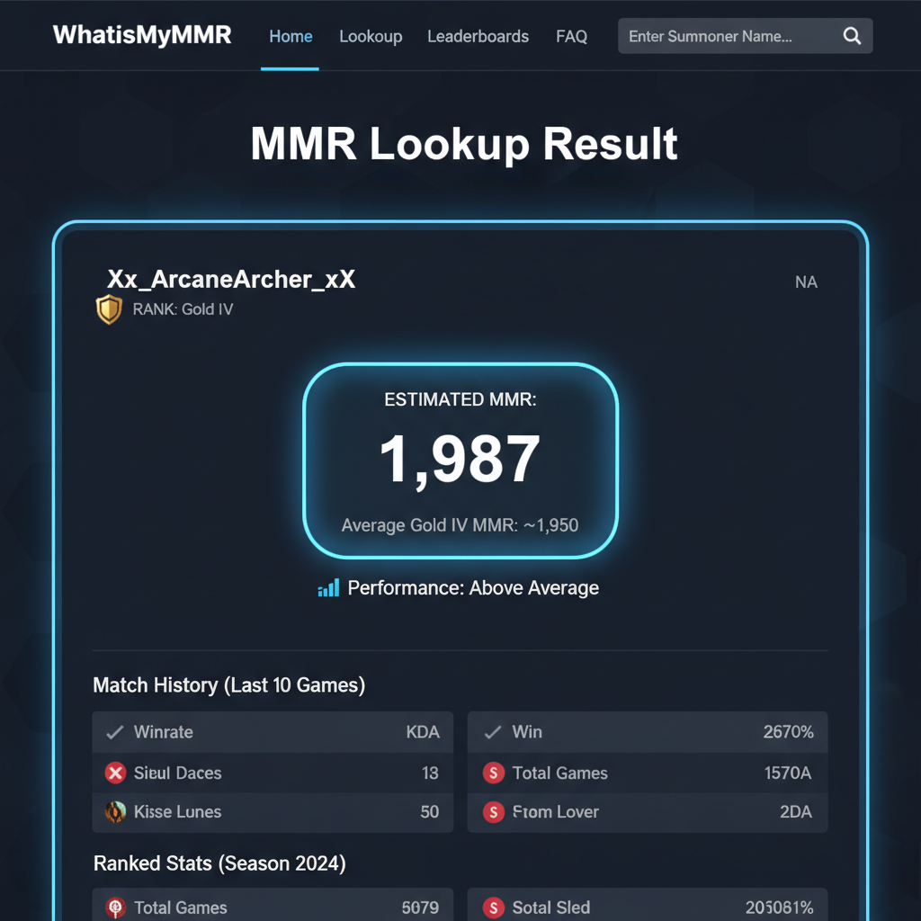 WhatIsMyMMR website showing a sample MMR lookup