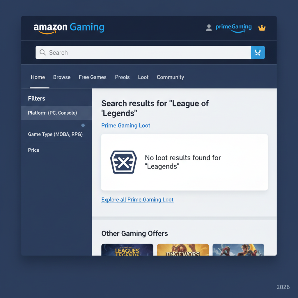 Amazon Gaming page showing no LoL Prime Gaming Capsule available in 2026