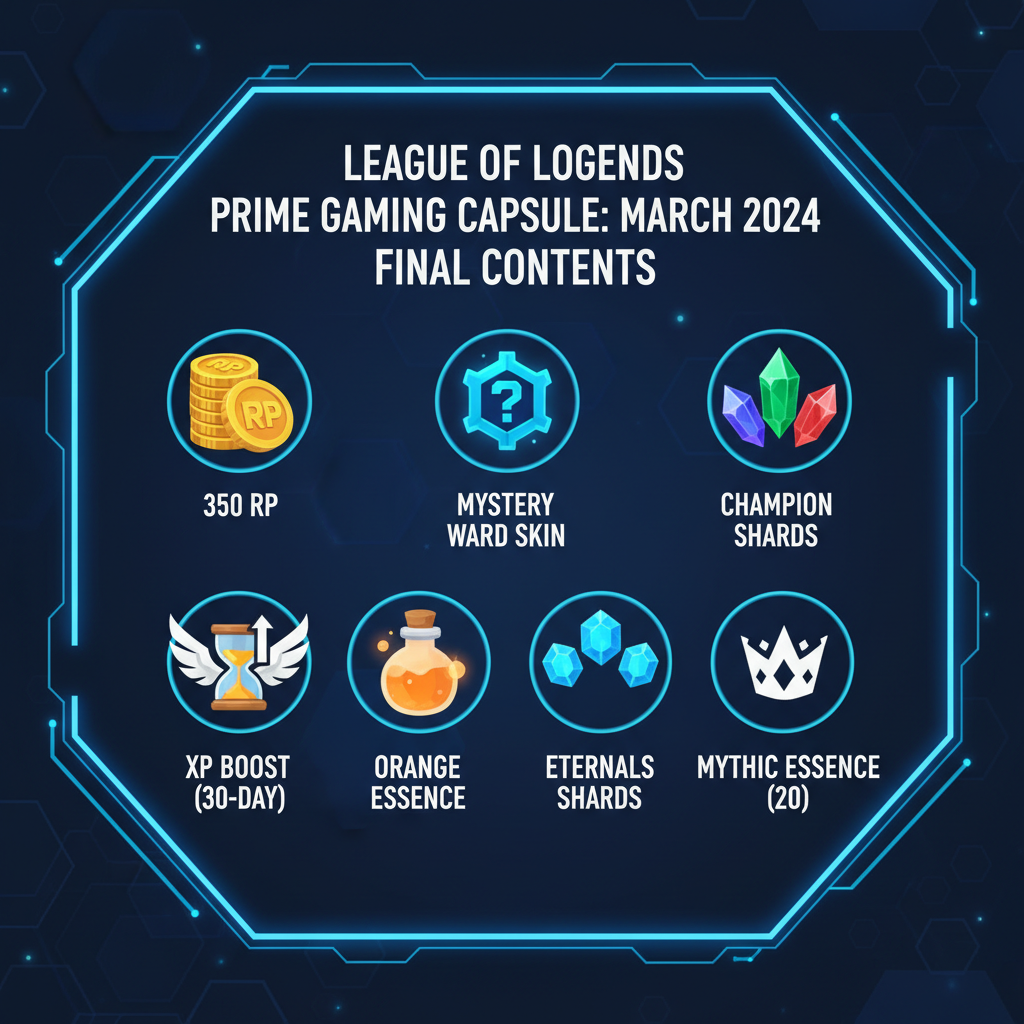 Infographic of the final March 2024 LoL Prime Gaming Capsule rewards breakdown