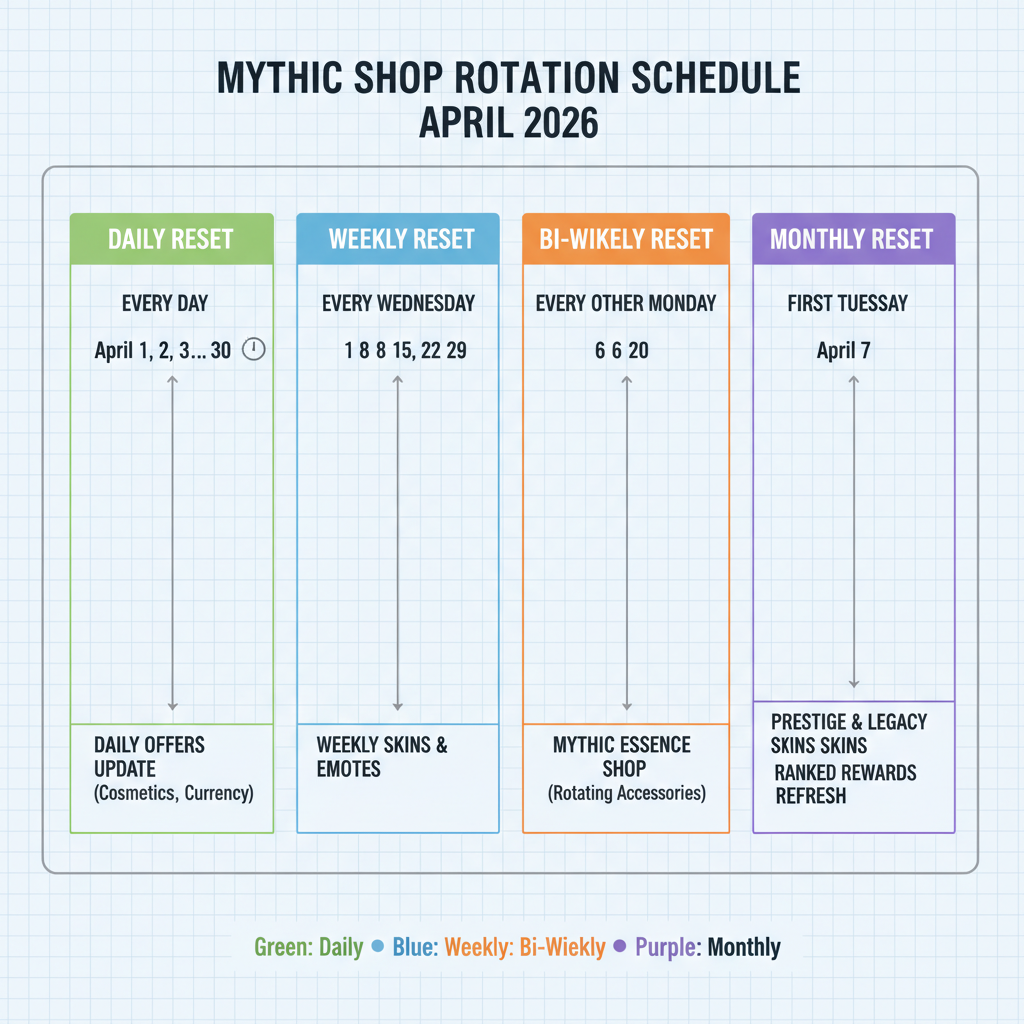 Mythic shop rotation schedule showing daily, weekly, bi-weekly, and monthly reset timelines