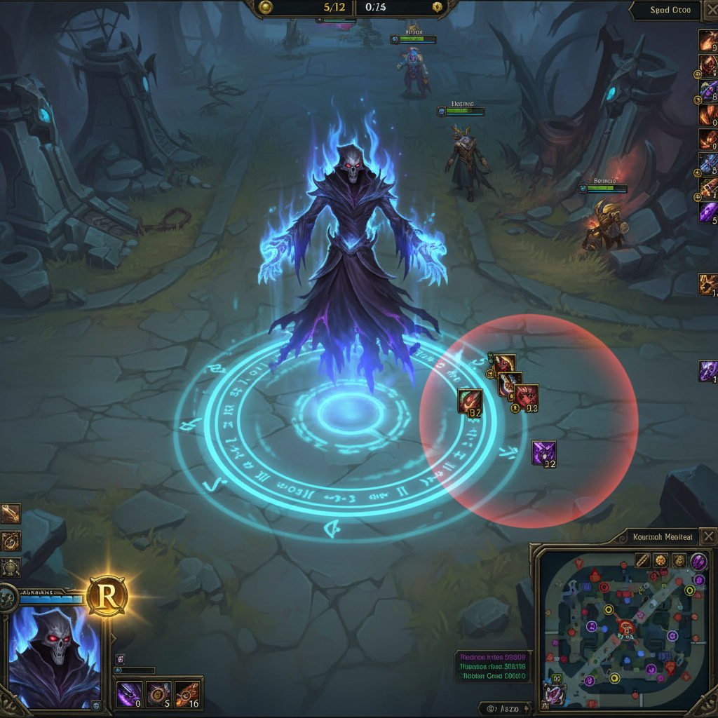 Karthus mid lane Requiem cast with Phantom skin particles visible across the minimap