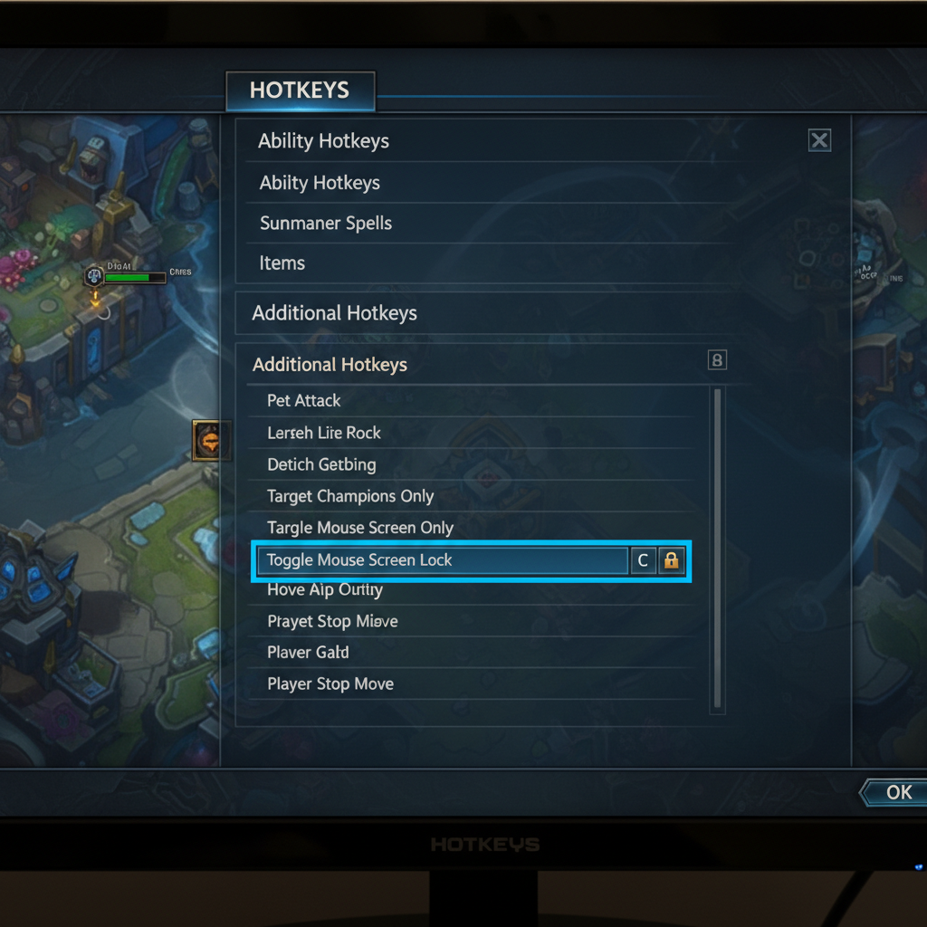 League of Legends settings menu showing the Toggle Mouse Screen Lock hotkey binding
