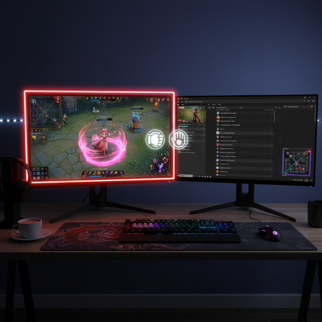 Dual monitor setup showing the red border on the League of Legends game window with the mouse cursor crossing to a second screen