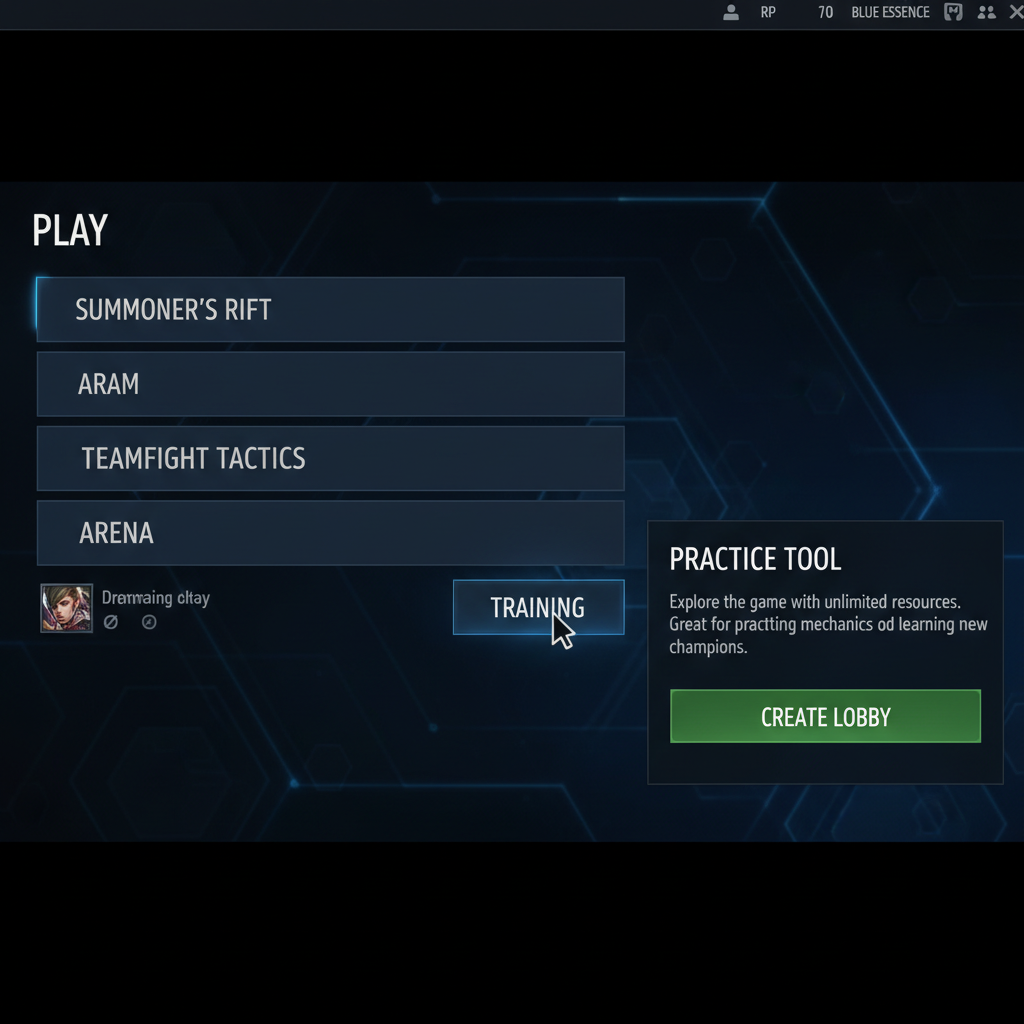 League of Legends Practice Tool lobby showing how to launch a game to access in-game hotkey settings