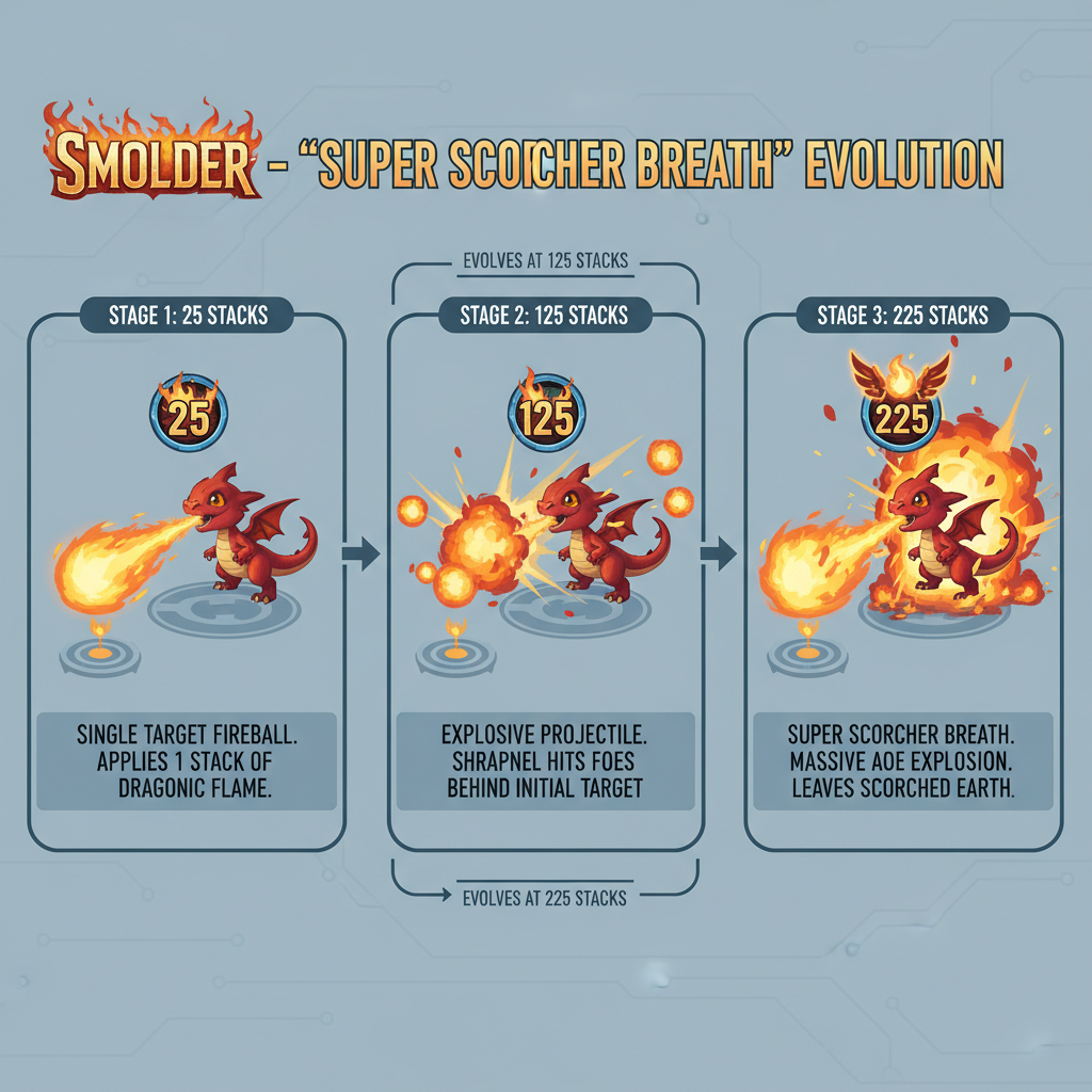 Étapes d'évolution de la compétence A de Smolder, Souffle super scorch, montrant les améliorations de dégâts à 25, 125 et 225 cumuls d'Entraînement draconique