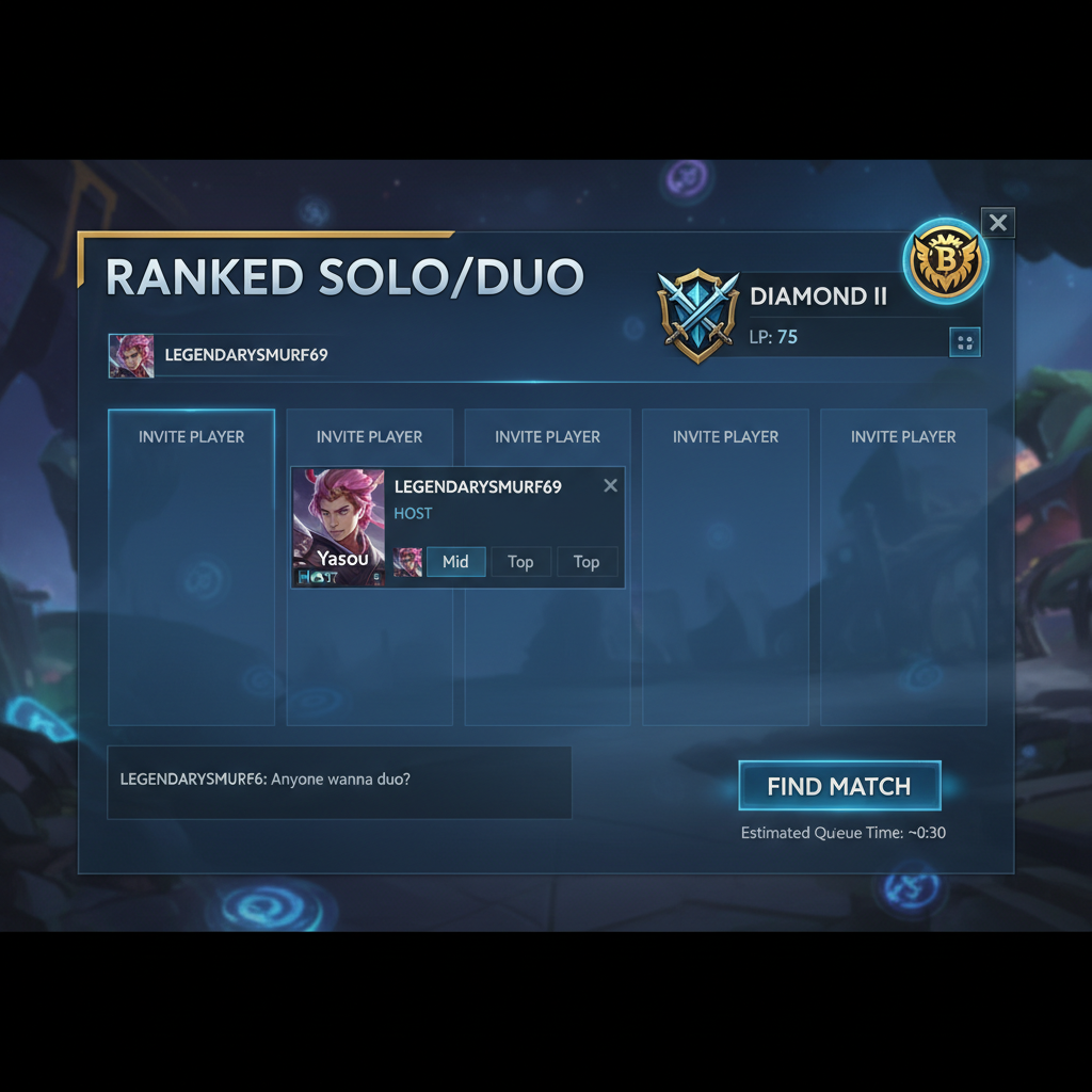 Solo queue lobby showing a booster-style profile