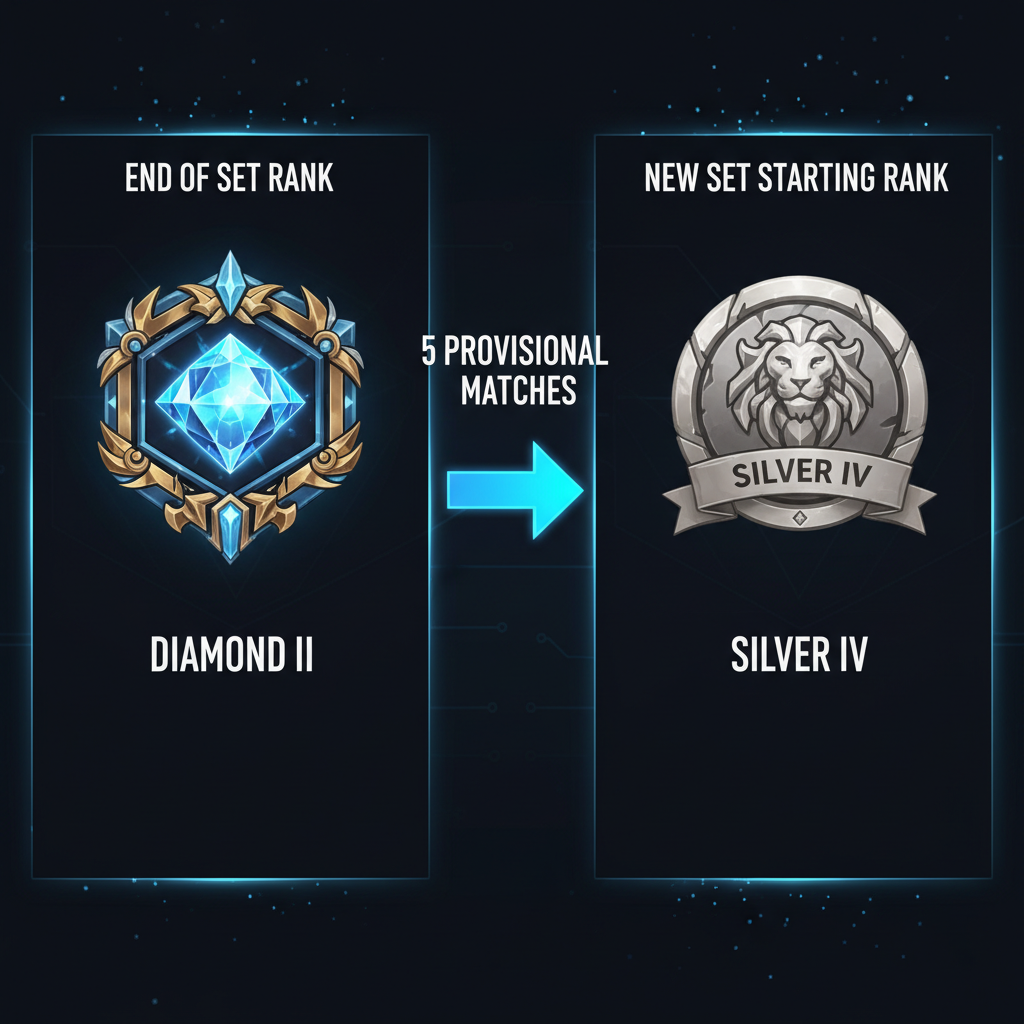 Gráfico de restablecimiento suave del Set 17 que muestra la caída de rango y partidas provisionales