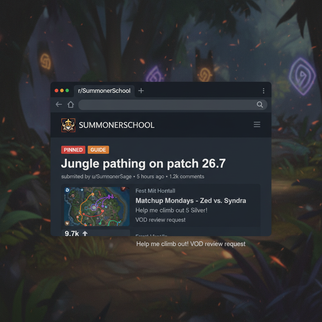 r/SummonerSchool homepage with pinned patch 26.7 guide