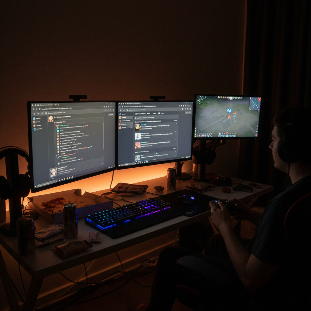 Late-night gaming desk with r/LeagueConnect tab open