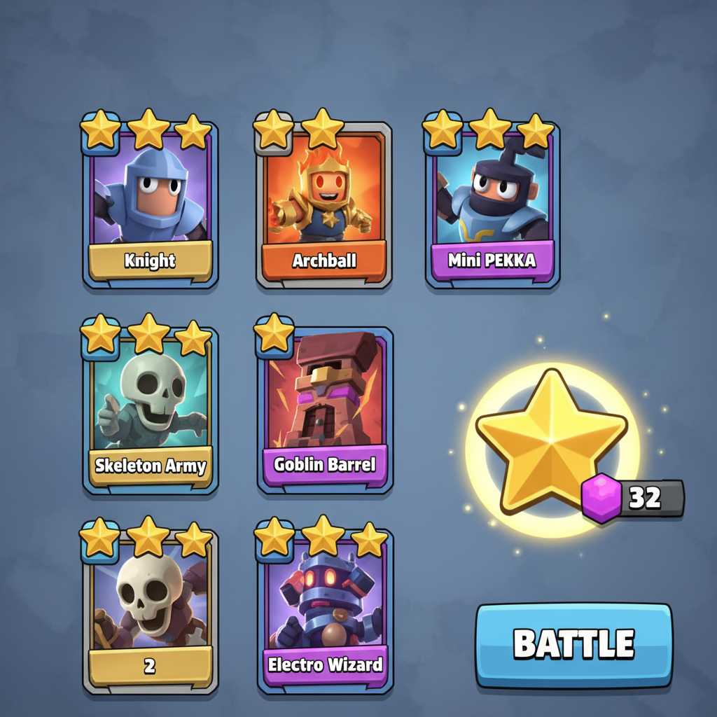 Clash Royale star level upgrade screen showing golden card effects