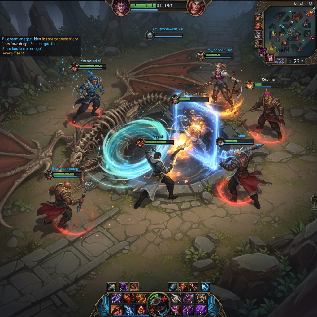 قتال فريق داخل اللعبة بالقرب من حفرة التنين مع القدرات وأشرطة الصحة وعناصر واجهة المستخدم