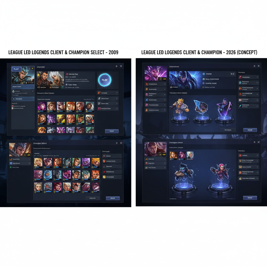 Cliente de League of Legends de 2009 comparado con el cliente moderno de 2026