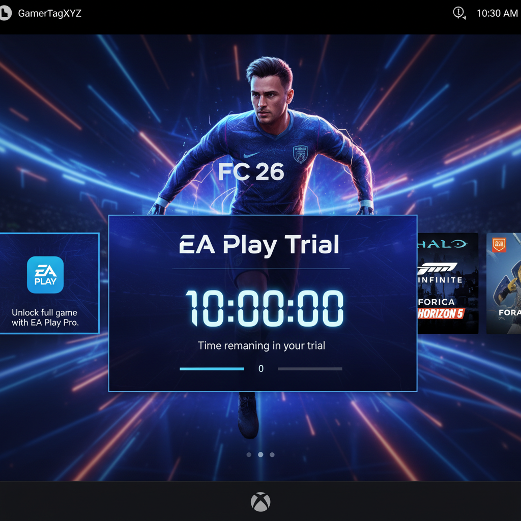 EA Play trial countdown screen for FC 26 with 10-hour timer