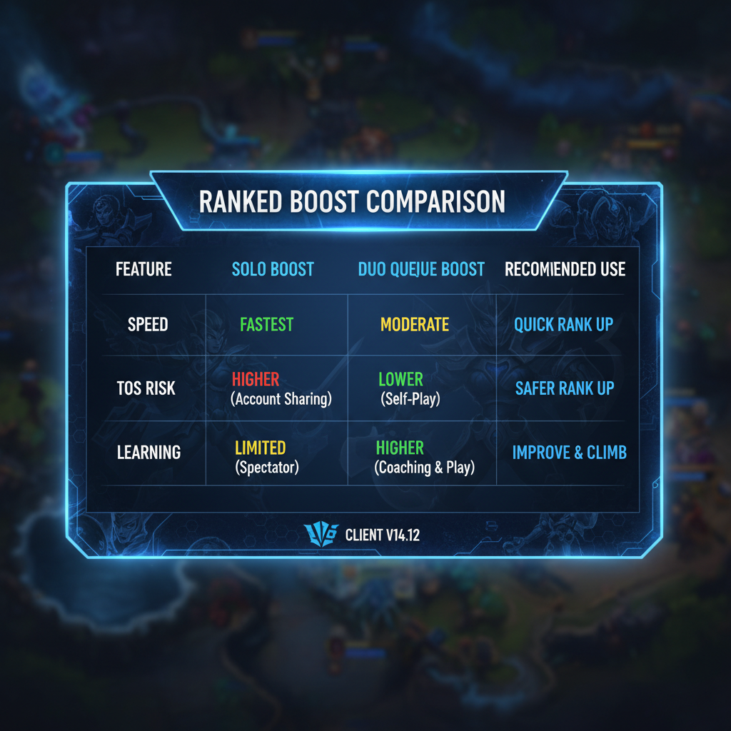 Comparison table showing solo boost vs duo queue boost across speed, ToS risk, learning, and recommended use cases