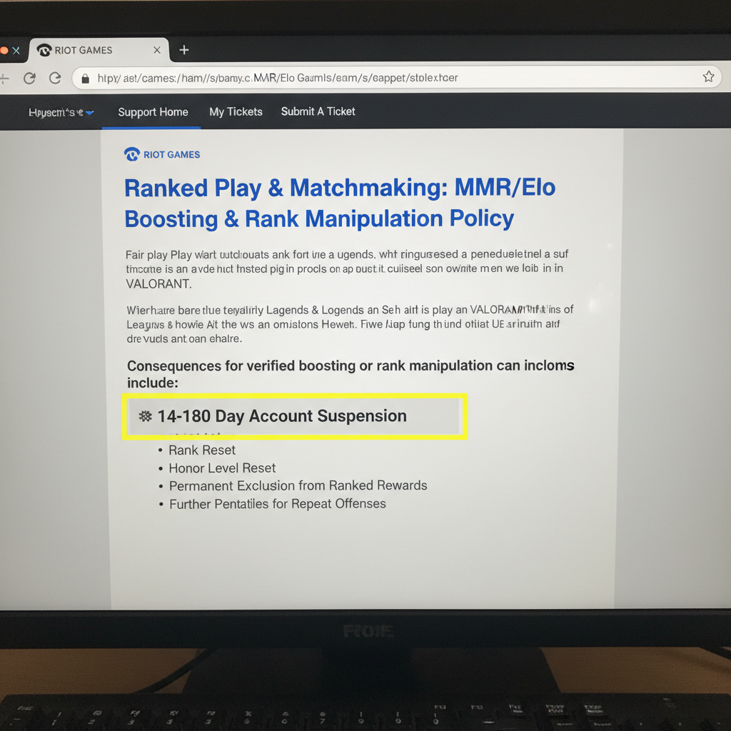 Screenshot of Riot Games support article showing the MMR and Elo boosting rank manipulation policy with suspension durations highlighted