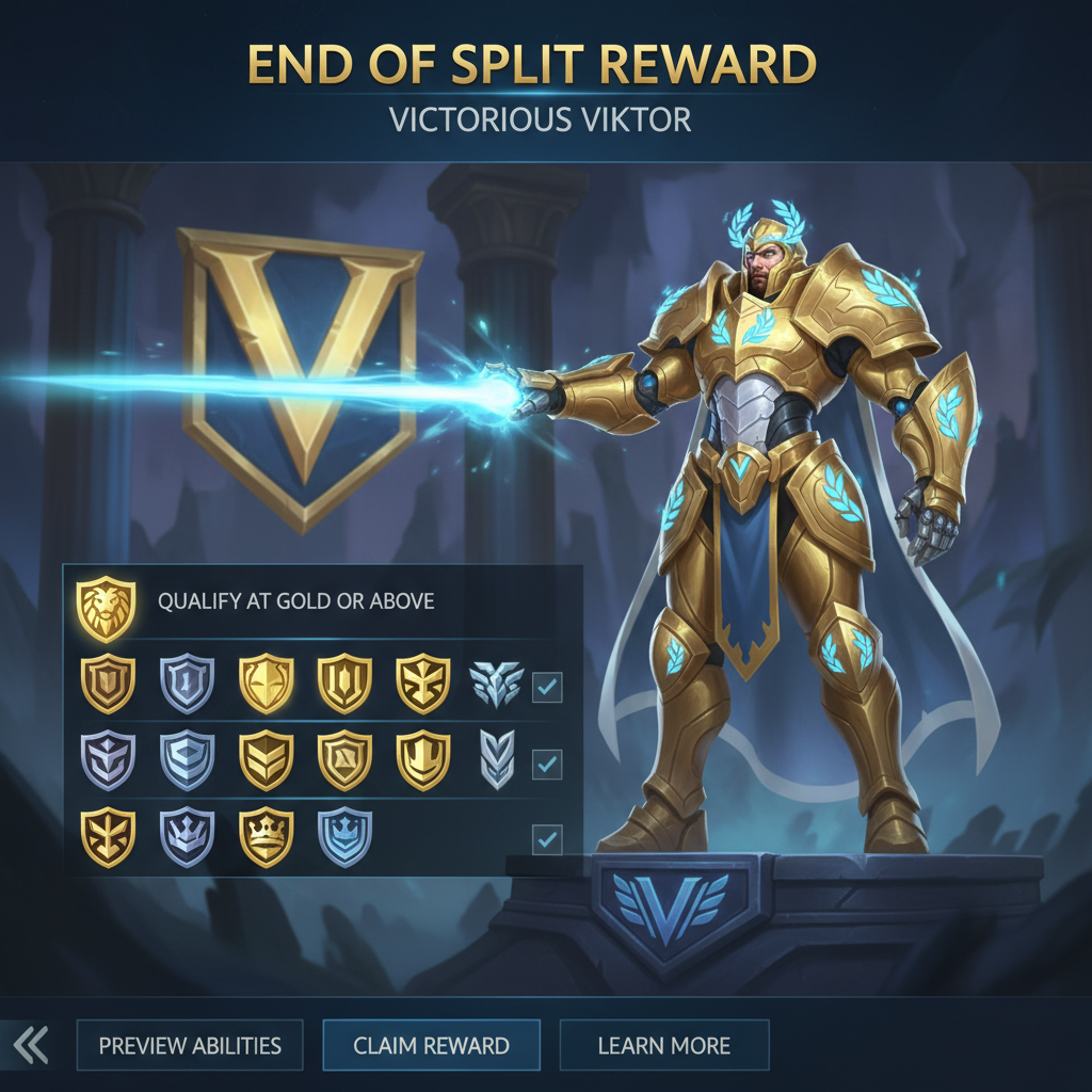 League of Legends end-of-split Victorious skin reward preview screen showing Gold tier requirement and ranked icons