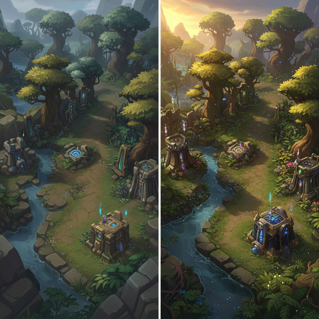 مقارنة جنبًا إلى جنب بين Summoner's Rift القديم والحديث مع إضاءة وأنسجة محسنة